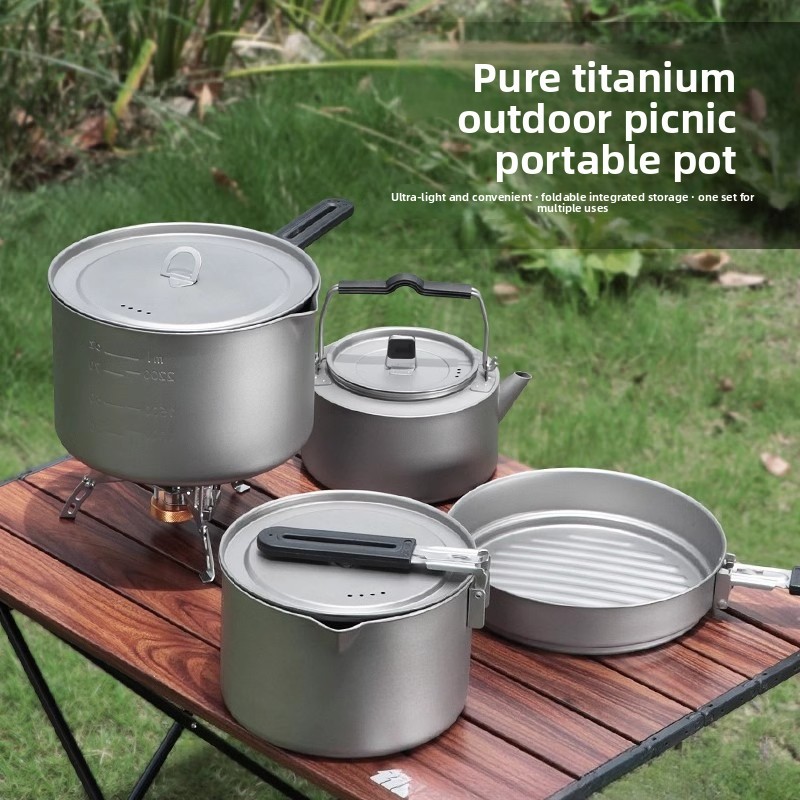 Camping Cooking Kettle - Lightweight Pure Titanium Pot Set, Outdoor