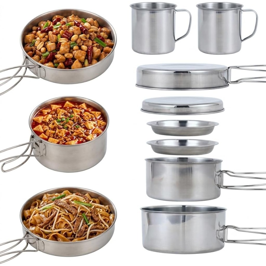 Camping Cooking Kettle - 8Pcs/Set 304 Stainless Steel Portable Camping
